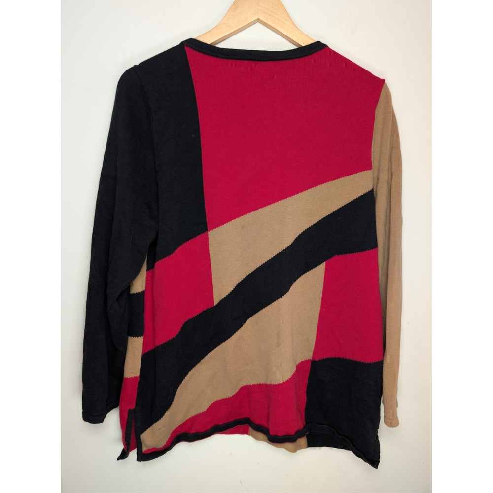 CHICOS Geometric Colorblock Sweater Womens 2 L Black Red Retro Librarian Chic - Picture 2 of 6
